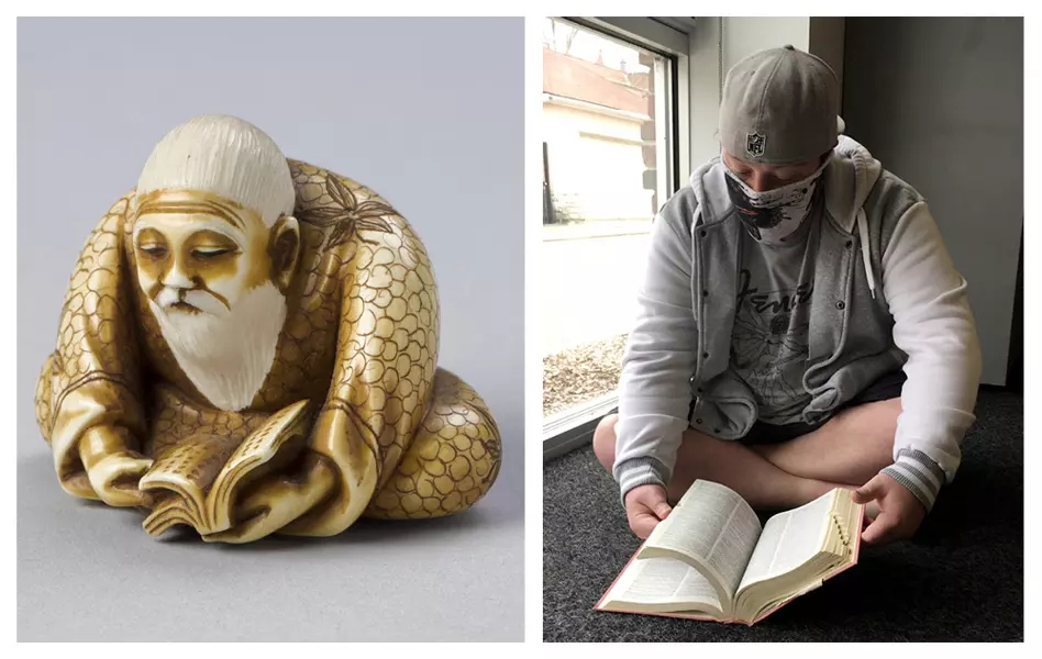 Side by side comparison of our recreated interpretation of the sculpture "Netsuke Depicting an Old Man Reading a Book"