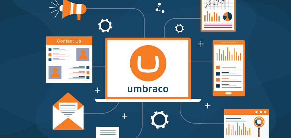 Various web graphics, email graphics, analytics graphics all surrounding the Umbraco CMS logo. 