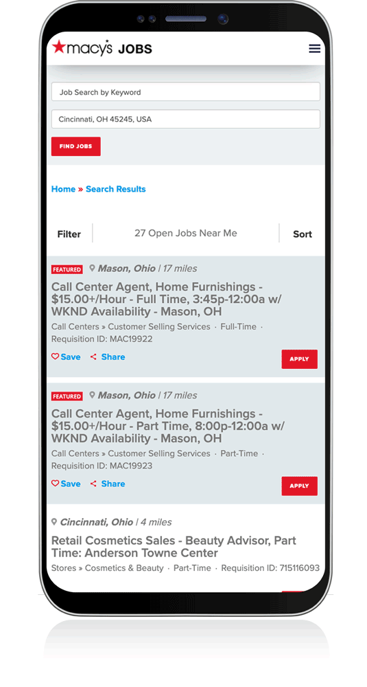 Mobile view of our job search and save interaction