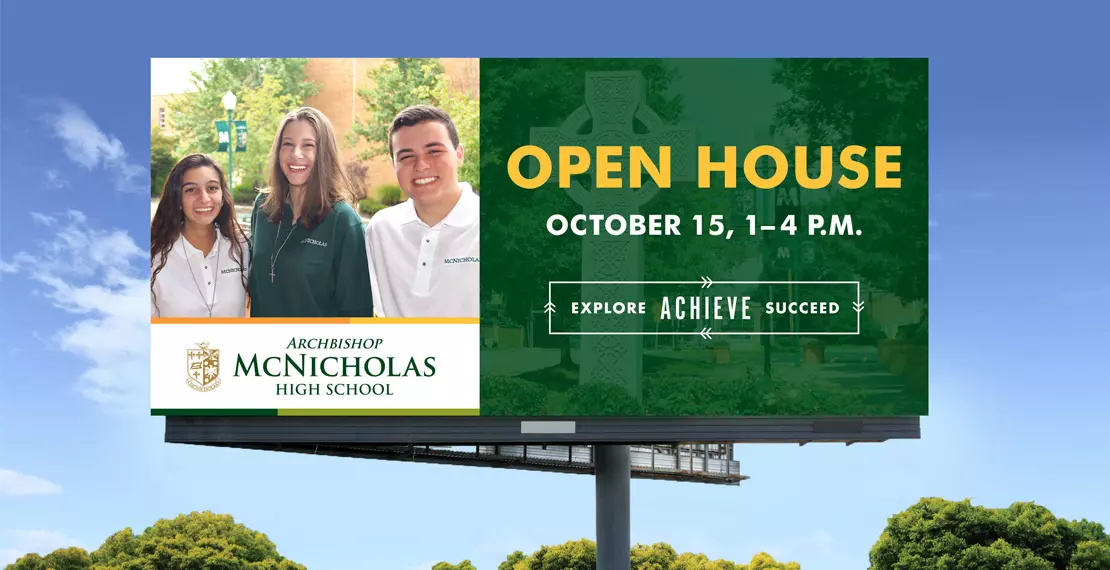 Billboard advertising an open house for a high school in Cincinnati, OH, showing bold type and engaging photography.