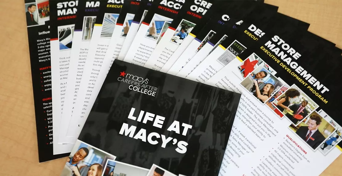 Series of brochures created for Macy's Careers After College program featuring bold typography and authentic photography of real students in their internship program.