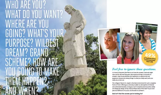 Crop of brochure highlighting custom photography of students and statue on campus