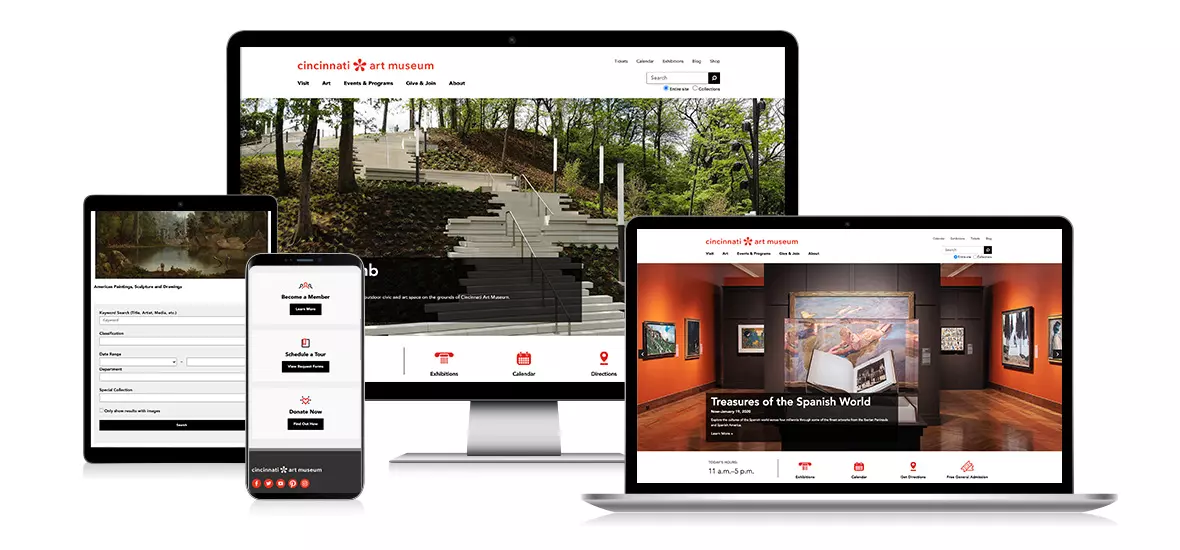 Various screens of Cincinnati Art Museum's responsive website
