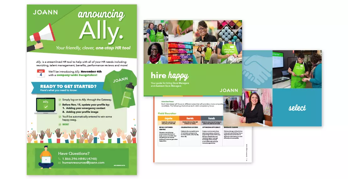 JOANN's HR system launch poster and pages from their Hire Happy campaign showcase the company's vibrant colors, compelling photos and playful typography and illustrations.. 