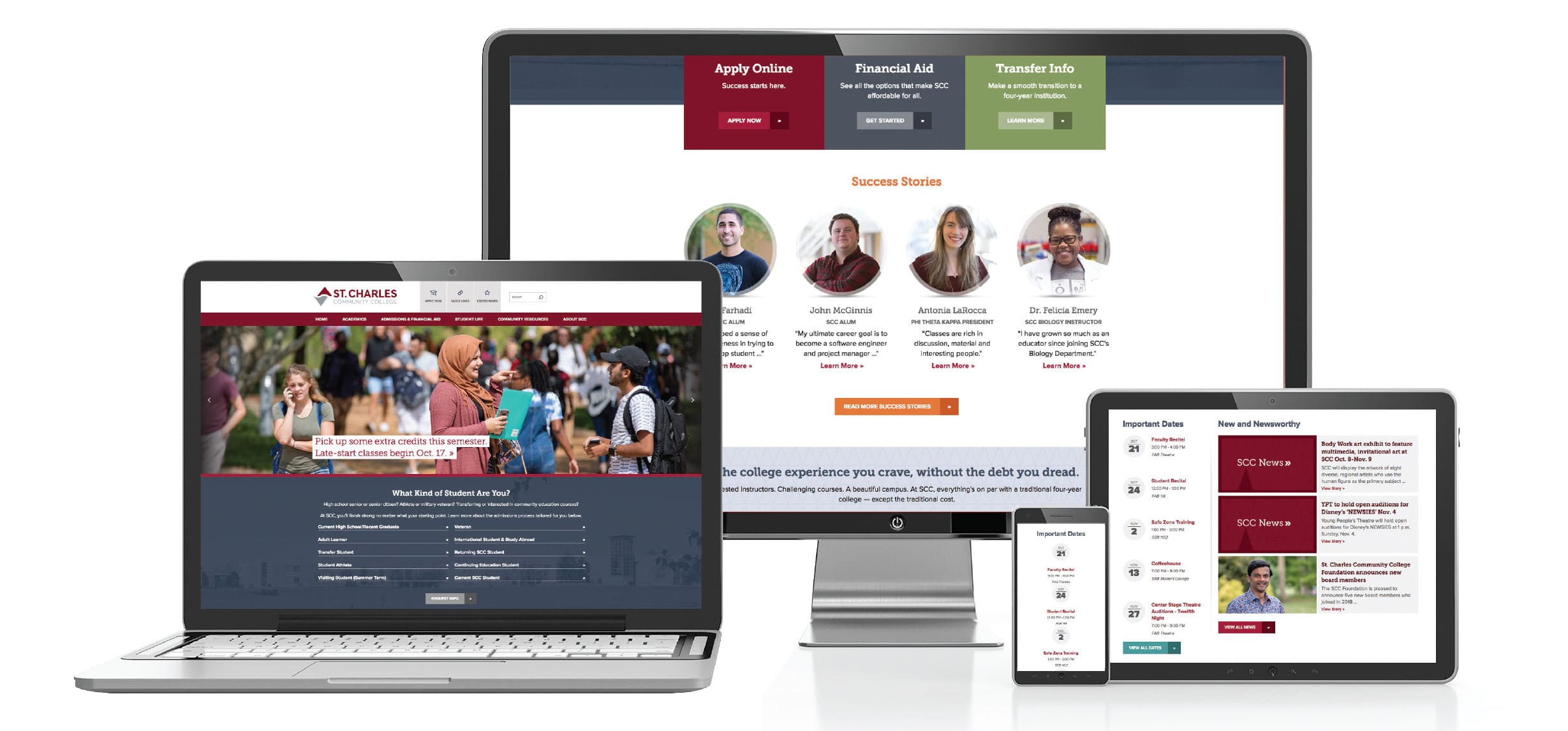 Various screens of St. Charles Community College responsive website