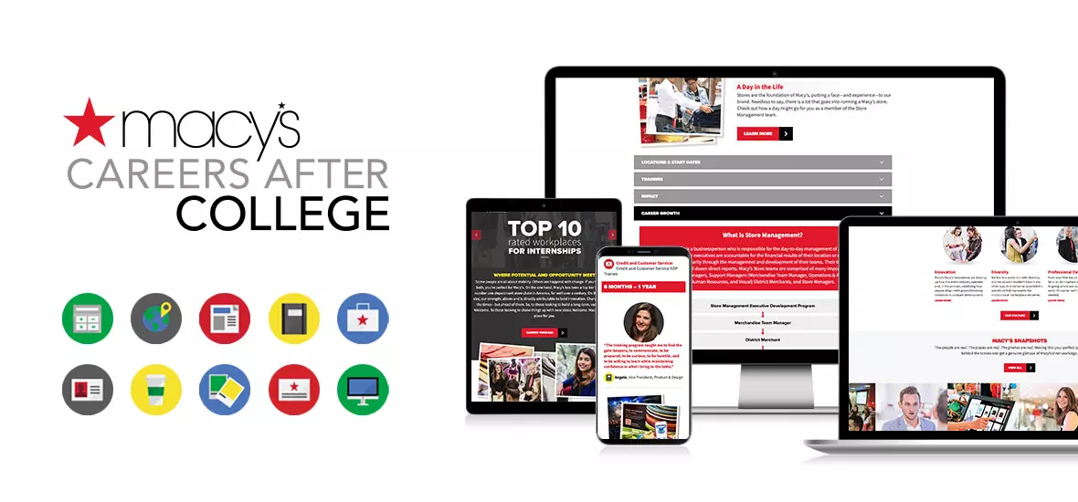 Macy's Careers After College brand elements and various screens of the responsive website