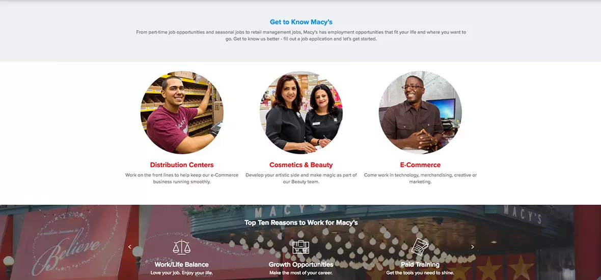 Close up of highlights of Macy's Jobs home page
