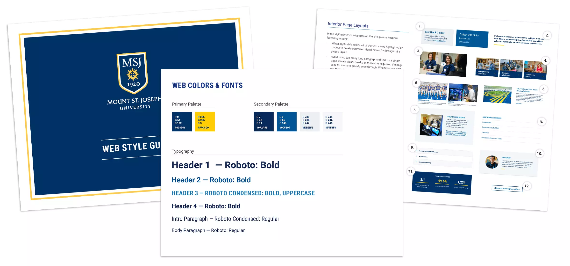 Pages from the web style guide we created for the MSJ website updates, showing new color palettes, typography and page components