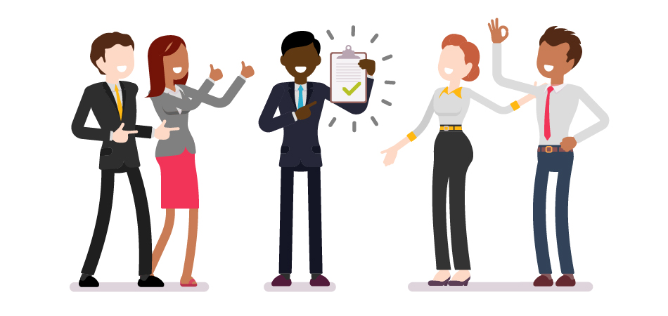 Illustrations of work professionals, dressed business casual. All looking at the center person, praising his job application.