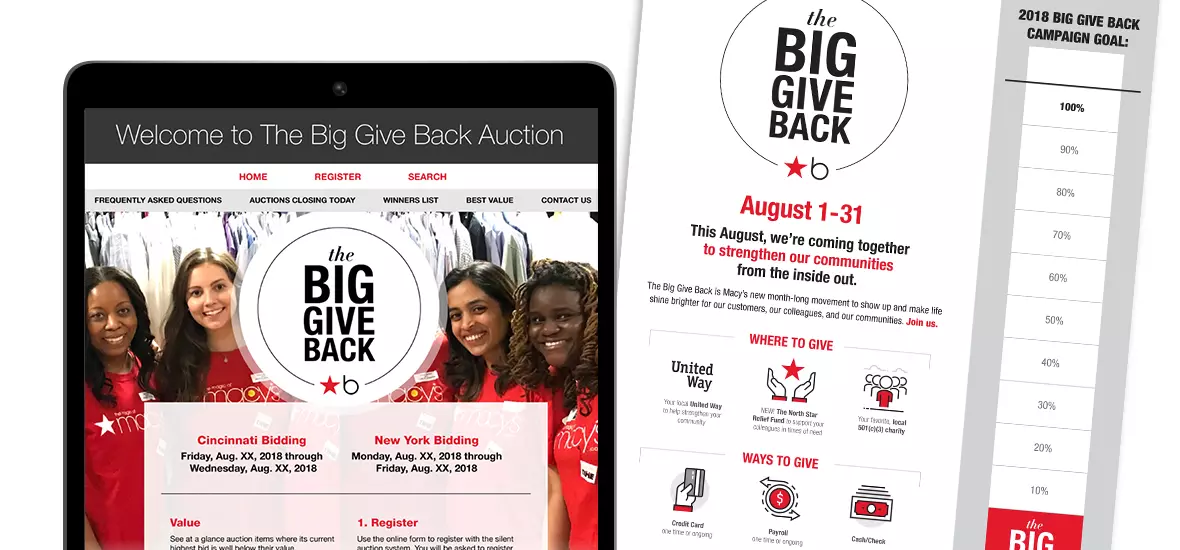 Auction landing page and campaign poster with participation tracker