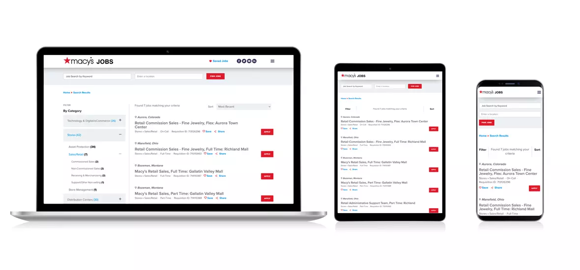 Responsive screens of Macy's job search results