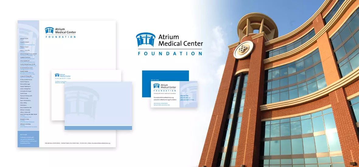 Atrium Medical Center Foundation's logo and stationery shown with the hospital's tower, an architectural icon of the hospital.