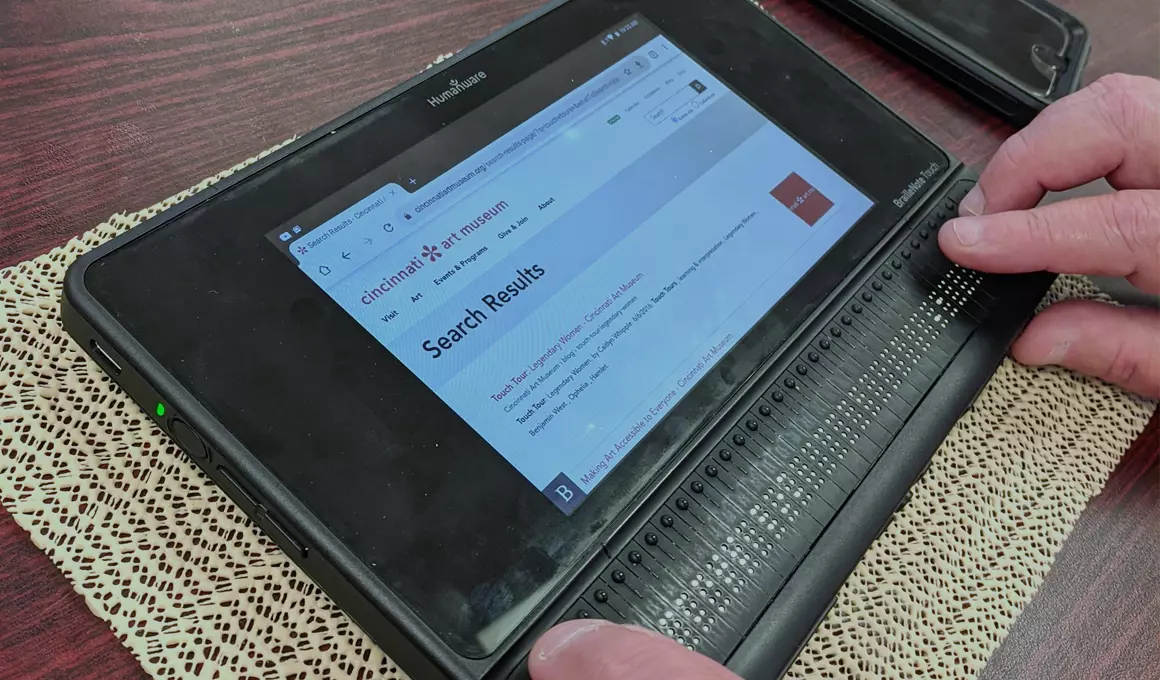 A close up of image of Search Results on the Cincinnati Art Museum's website displayed on a device with refreshable Braille display.