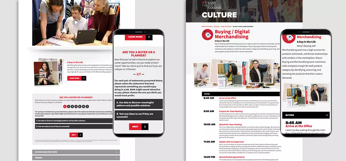 Screenshots of the career path builder and day in the life features on the Macy's Careers After College website