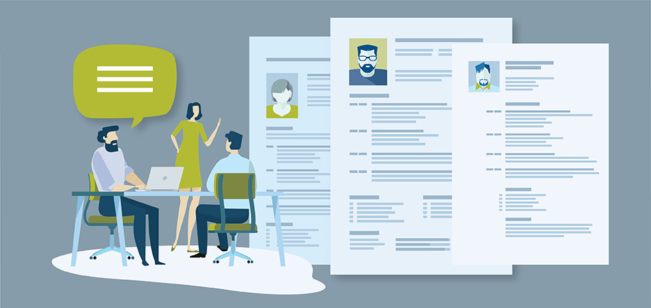 Illustration of resumes and a team of employees discussing the candidates.
