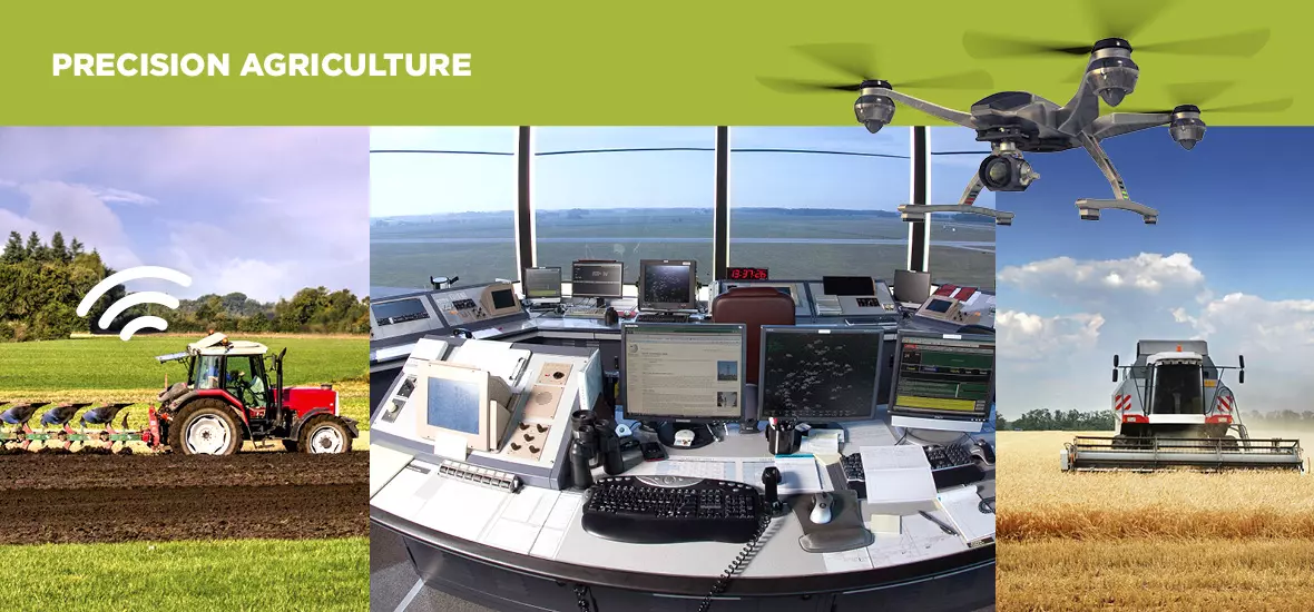 Collage made up of the words precision agriculture with photographs of a farming equipment, computer monitors and a drone.