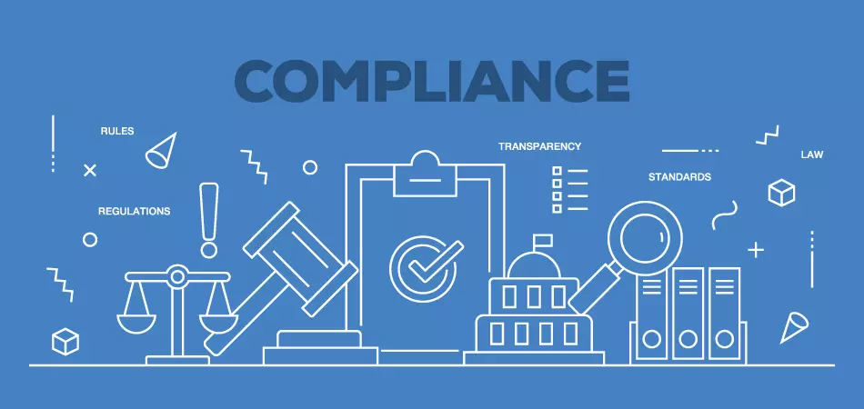 Graphic reading 'compliance' with icons representing data and law. 