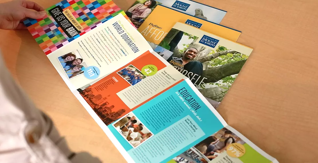 6-panel accordion brochure explaining Mount St. Joseph University's opportunities expanded to show color, typography and design elements from recruiting campaign. 