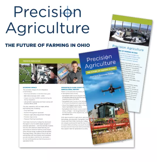 Program logo and tagline "Precision Agriculture – the future of farming in Ohio" shown with the program brochure. The letter o in Precision utilizes crosshairs, or markings built into the eyepiece of a sighting device, to represent accuracy.