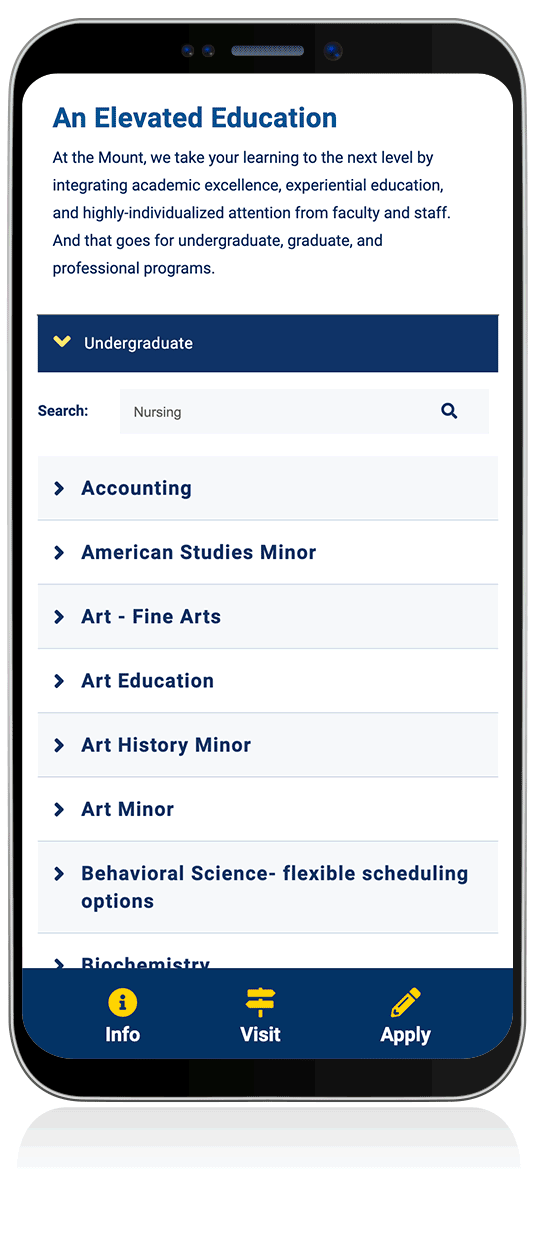 Mobile view of the search functionality on the Majors, Minors & Programs page