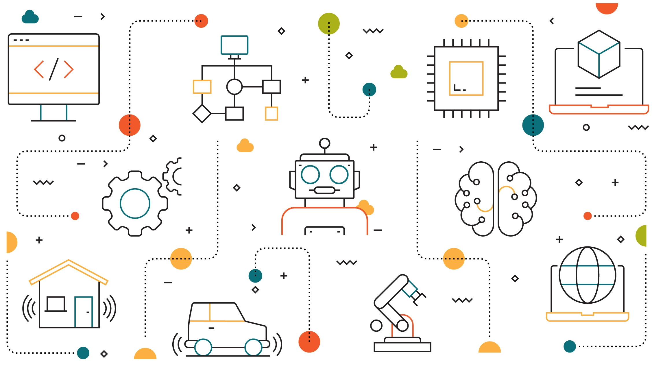 Illustration representing the connection AI has to cars, home, computers and science