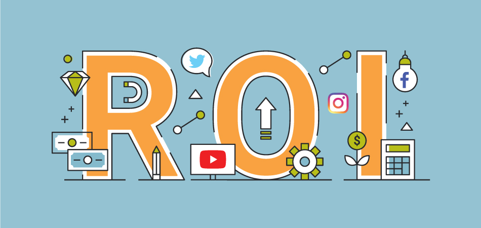 Illustration of letters R, O and I. Surrounded by graphics representing social media like YouTube, Facebook, Twitter and Instagram. 