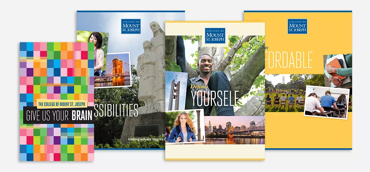 Covers of travel, undergraduate degrees, viewbook and financial aid brochures