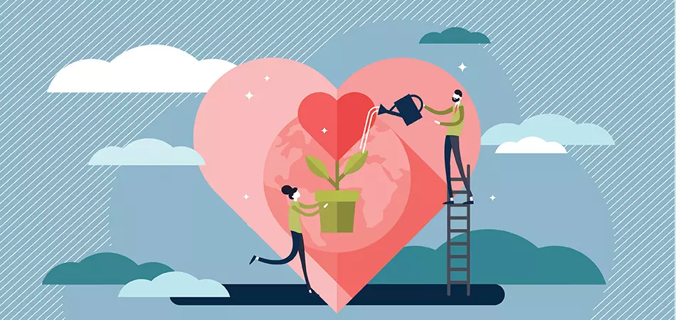 Two illustrated people watering a heart shaped plant, making it grow.