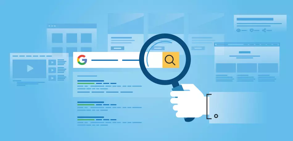 Illustration of a magnifying glass over a Google search bar. 