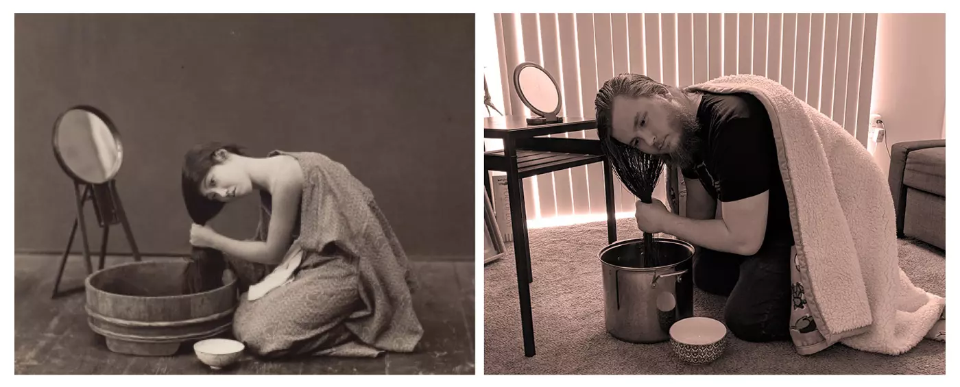 Side by side comparison of our recreated interpretation of the photograph "Woman Bathing"