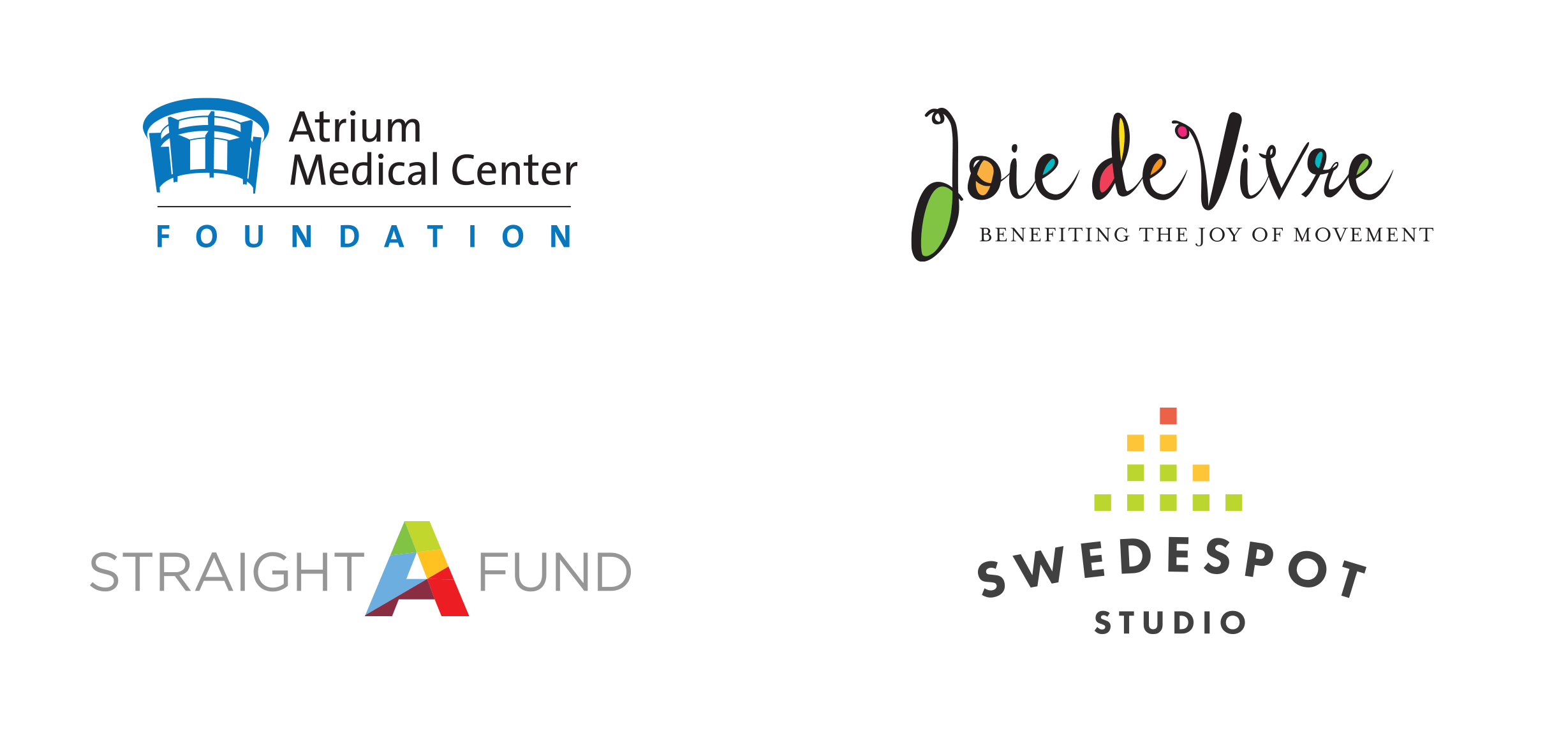 Final logo designs for Atrium Medical Center Foundation, Joie de Vivre, Straight A Fund, and Swedespot Studio