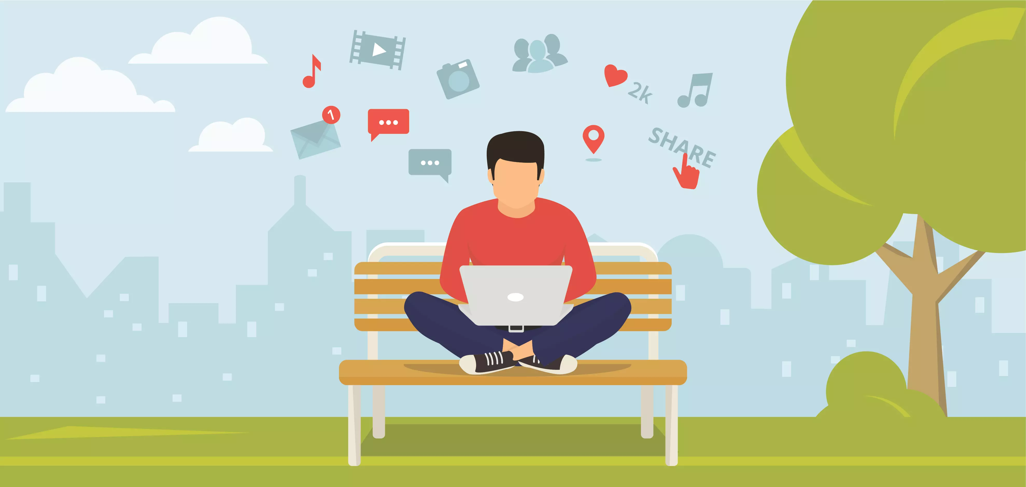 Illustration of student on a laptop with social media icons above.