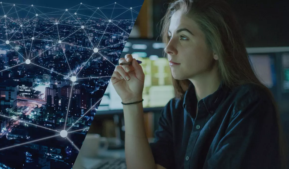 A conceptual image of a large, unidentified city and its telecommunication network represented by a series of interconnected dots is paired with a photo of a female high school student deep in thought near two blurred computer screens. The two images come together to represent the young student imagining her career in the technical field.