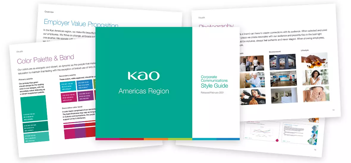 Pages from the new Kao Employer Brand Style Guide.
