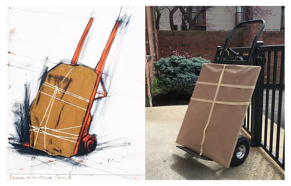 Side by side comparison of our recreated interpretation of the print "Package on Handtruck Project"