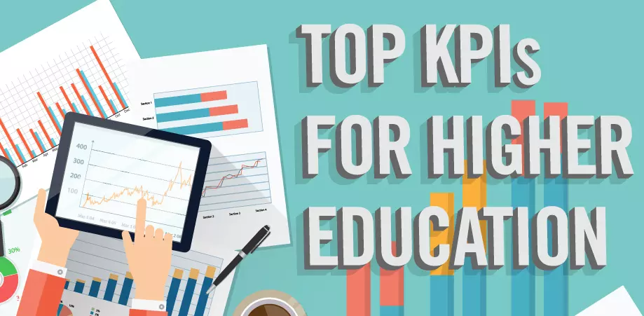 Illustrations of graphs and charts with text reading, "Top KPIs for Higher Education."