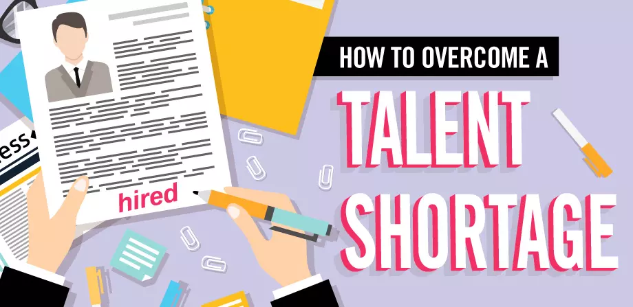 Illustration of hands reviewing job applications, with text that reads "How to overcome a talent shortage."