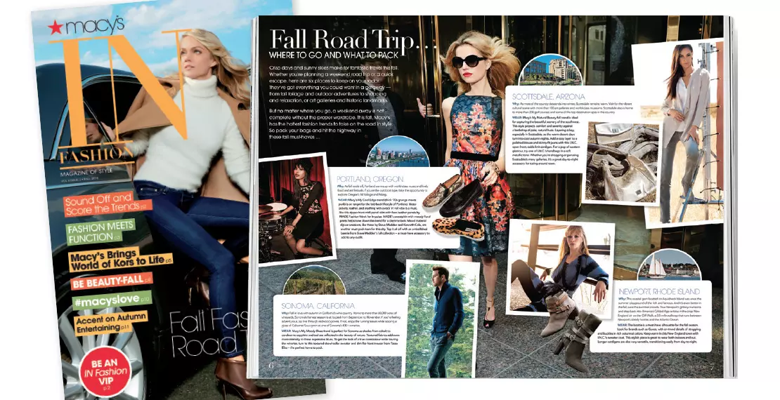 Cover and spread of In Fashion magazine designed for Macy's employees to share glamorous fashion photography and news.