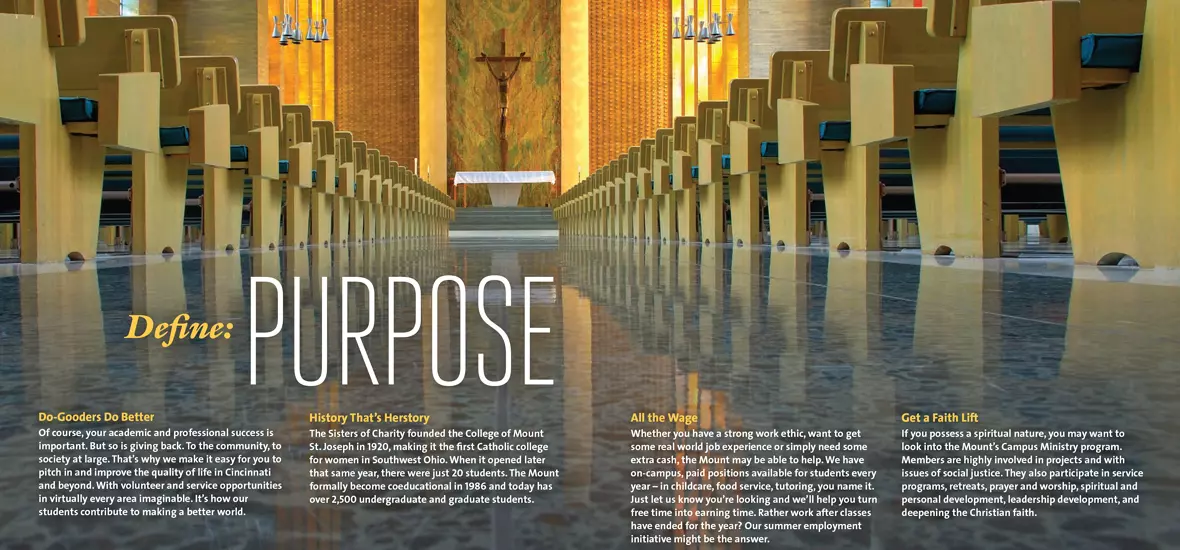 Crop of brochure highlighting custom photography of the campus chapel and typography that reads Define: Purpose