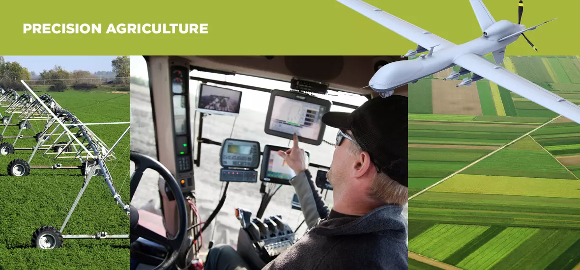 Collage made up of the words precision agriculture with photographs of farming equipment in a field, an unidentified man operating high-tech farming equipment, an aerial view of crop fields and a drone.