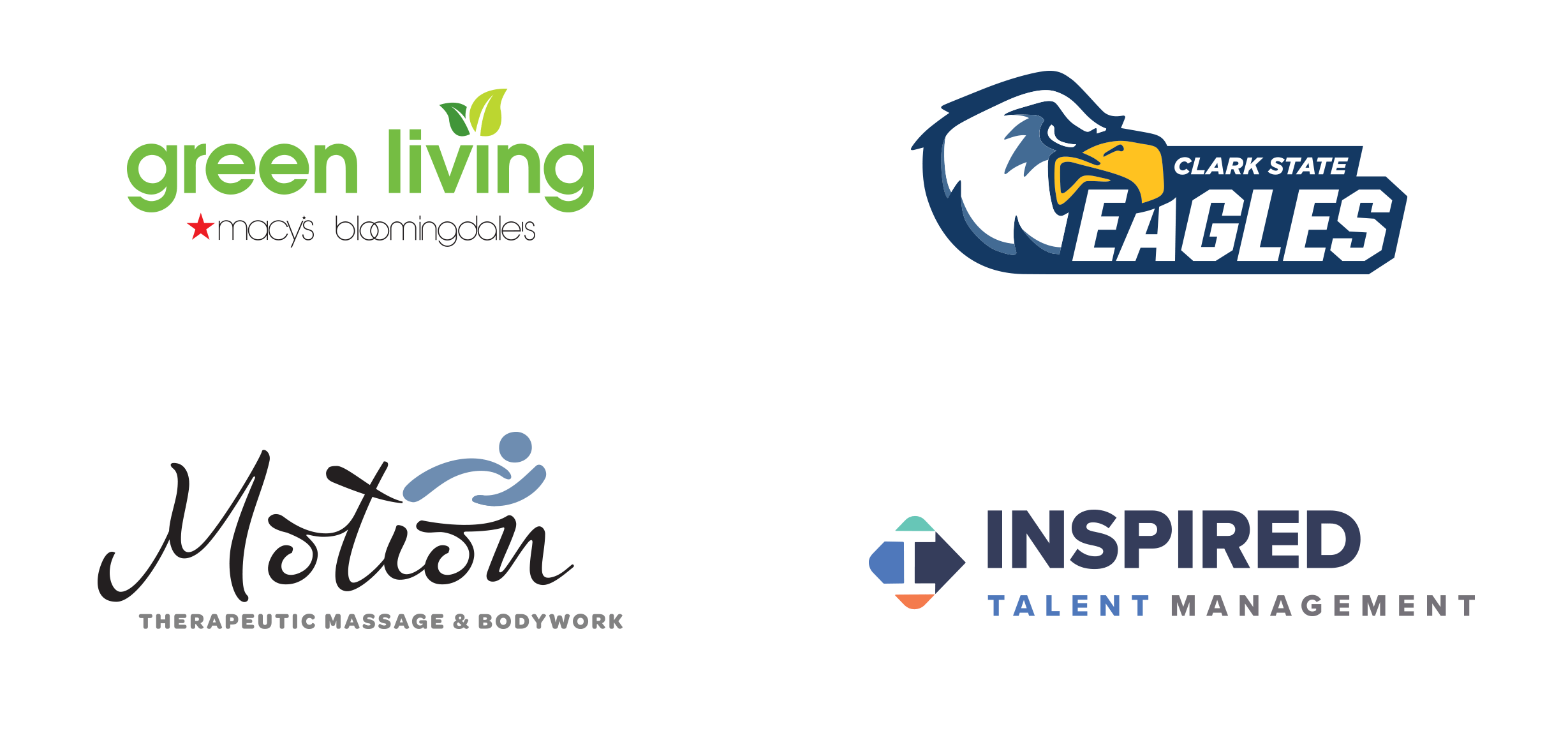 Final logo designs for Green Living, Clark State Eagles, Motion Therapeutic Massage and Bodywork and Inspired Talent Management