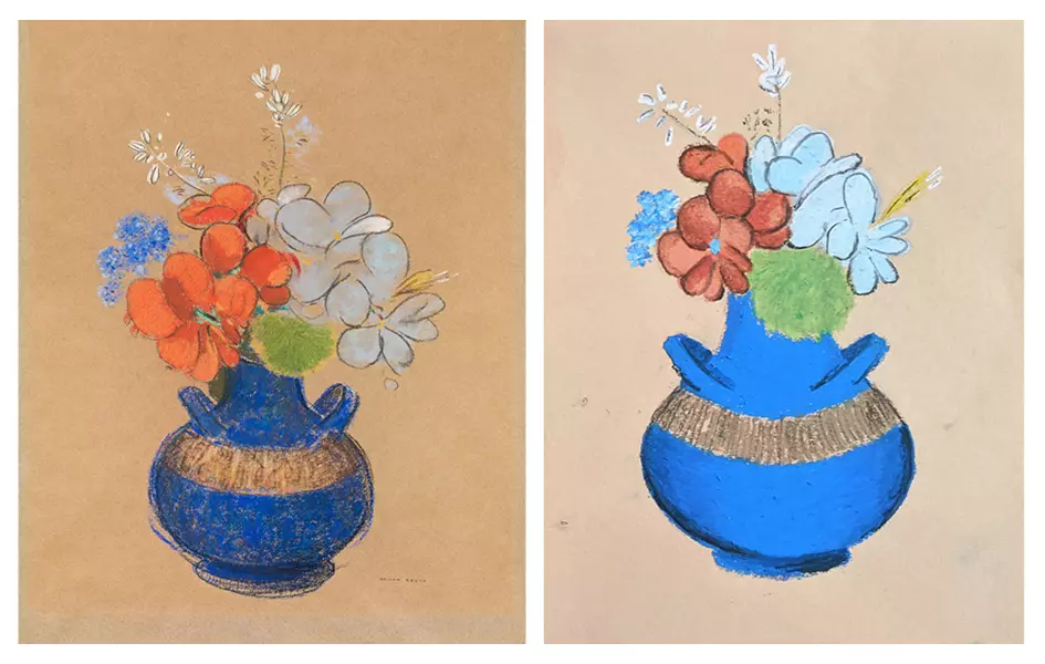Side by side comparison of our recreated interpretation of the art piece "Blue Vase with Flowers"