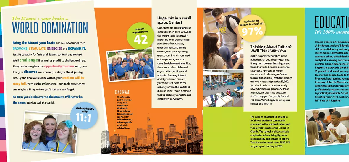 Close up of the inside of the travel brochure featuring bright colors, statistics and custom photography