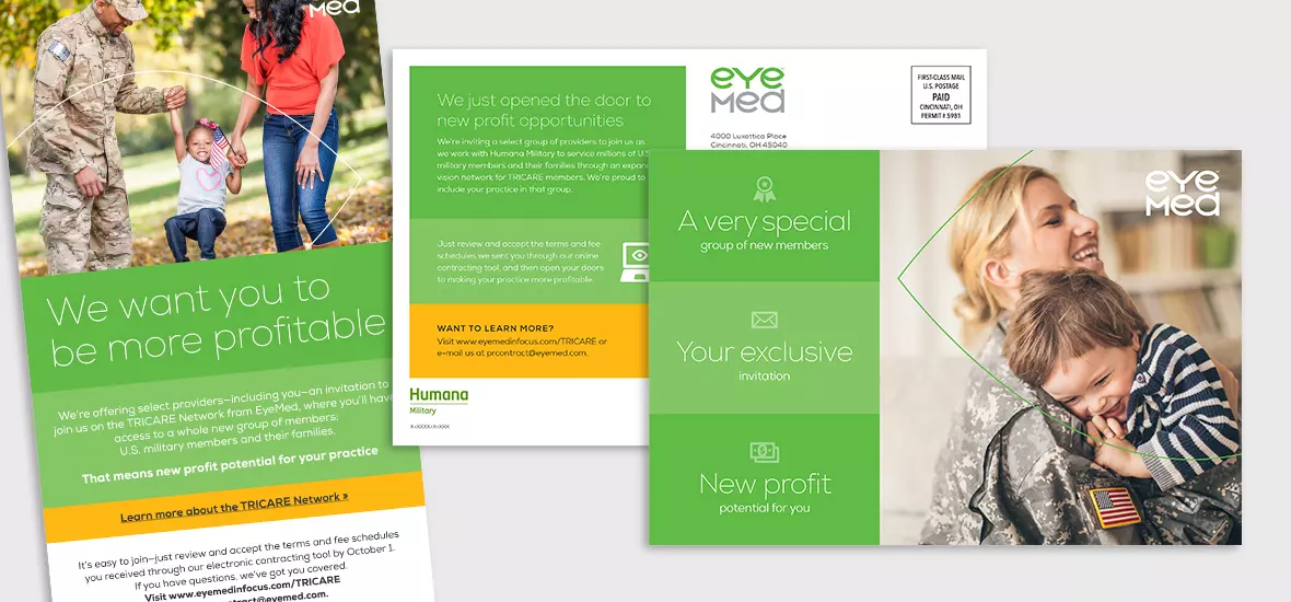 Postcard and crop of an email from the Humana Military provider recruiting campaign featuring brand elements such as authentic photography, bold colors, friendly icons and clean minimalist typography.